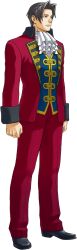  1boy ace_attorney ace_attorney_investigations ace_attorney_investigations:_miles_edgeworth arms_at_sides ascot black_hair commentary curtained_hair edaki_shin'ya english_commentary formal_clothes full_body grey_hair hair_intakes highres long_sleeves male_focus miles_edgeworth official_art pants red_pants simple_background solo standing suit tachi-e third-party_source transparent_background 
