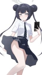  1girl bare_legs black_necktie black_skirt blue_archive blunt_bangs breasts cellphone closed_mouth collared_shirt commentary diagonal-striped_clothes diagonal-striped_necktie double_bun expressionless grey_halo hair_bun halo hand_up highres holding holding_phone kisaki_(blue_archive) kisaki_(school_uniform)_(blue_archive) knee_up light_blush long_hair miniskirt necktie phone pleated_skirt shirt short_sleeves simple_background skirt small_breasts smartphone solo split_mouth striped_clothes striped_necktie white_background white_shirt wind wind_lift wrightia 