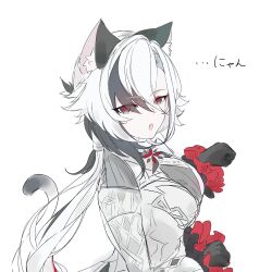  ... 1girl animal_ears arlecchino_(genshin_impact) black_eyes black_hair black_streaks breasts cat_ears cat_tail genshin_impact grey_hair highres long_hair long_sleeves looking_at_viewer multicolored_hair open_mouth paw_pose red_pupils solo streaked_hair symbol-shaped_pupils tail tansanlemon100 white_hair x-shaped_pupils 