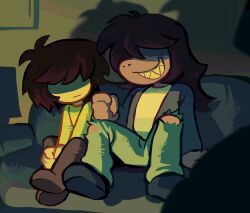  1girl 1other 482egg blue_jacket blue_pants blue_shoes brown_hair clenched_hand colored_skin couch covered_eyes cowlick deltarune freckles full_body furry furry_female green_sweater highres jacket kris_(deltarune) lamp on_couch pants purple_hair purple_skin reptile_girl shaded_face shadow sharp_teeth shirt shoes sidelighting smile susie_(deltarune) sweater teeth toon_(style) torn_clothes torn_pants utdr_(toby_fox) white_shirt yellow_skin 