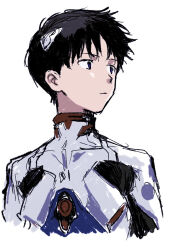  1115takuan 1boy black_hair blue_eyes closed_mouth commentary_request cropped_torso highres ikari_shinji looking_to_the_side male_focus mecha_pilot_suit neon_genesis_evangelion plugsuit_(evangelion) short_hair simple_background solo white_background 
