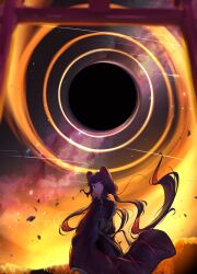  1girl absurdres animal_ears black_hair black_hole blurry blurry_foreground closed_mouth commentary_request expressionless frills hair_ornament highres inui_toko japanese_clothes katsu_of_shiro looking_at_viewer looking_back low_twintails maid milky_way mouse_ears nijisanji obi red_eyes sash sky sleeves_past_fingers sleeves_past_wrists solo star_(sky) starry_sky torii turning_head twintails virtual_youtuber wa_maid wide_sleeves 