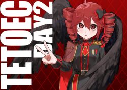  1girl absurdres ahoge angel_wings argyle_background artist_request belt belt_buckle black_bow black_ribbon black_shirt black_skirt black_wings bow buckle cape check_artist collared_shirt double-parted_bangs drill_hair english_text epaulettes hair_between_eyes highres kasane_teto military_uniform necktie red_background red_bow red_cape red_eyes red_hair red_necktie red_ribbon ribbon second-party_source shachi-kun_jup shirt short_necktie side_cape single_epaulette skirt sleeve_cuffs solo synthesizer_v tetoec twin_drills utau v wings wyawon 