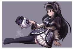  1girl absurdres alternate_costume black_bonnet black_hair black_hat black_lace_trim black_shawl black_thighhighs black_trim blunt_bangs bonnet discord_logo discord_username dress drone flower grey_eyes hat heart highres lace_trim layered_dress long_hair long_sleeves looking_at_another looking_to_the_side nao_(omega_strikers) no_shoes omega_strikers pleated_dress purple_flower purple_ribbon ribbon shawl short_dress sitting thigh-highs tsp twitter_logo twitter_username vigil_(omega_strikers) white_bonnet white_dress 