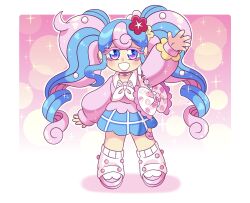  1girl absurdres bag bandaid bubble bull_sprite_(pokemon) cardigan charm_(object) chibi choker clefairy clefairy_sprite_(pokemon) collared_sweater fairy_miku_(project_voltage) fish_sprite_(pokemon) flower fossil_sprite_(pokemon) gradient_background hatsune_miku heart heart-shaped_bandaid heart_choker highres loose_socks neckerchief pink_background pink_cardigan pink_choker pink_shoes pink_sweater pokemon pokewalker project_voltage scrunchie shoes shoulder_bag sketchquill socks solo sticker_on_leg sweater virtual_pet_(toy) vocaloid waving white_neckerchief wrist_scrunchie yellow_flower yellow_scrunchie 