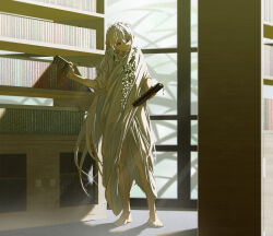  1girl absurdres alternate_costume arknights barefoot book bookshelf braid crown_braid dress full_body highres holding holding_book indoors library long_hair pointy_ears red_eyes solo standing very_long_hair warfarin_(arknights) white_dress white_hair yima_(power222222) 
