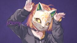  1girl ahoge black_choker black_hoodie blonde_hair cat_mask choker collarbone commentary_request covered_face double_bun fingernails flower hair_bun hair_flower hair_intakes hair_ornament hairclip heart heart_choker highres honma_himawari honma_himawari_(15th_costume) hood hoodie ksk_(semicha_keisuke) long_sleeves mask medium_hair multicolored_hair nail_polish nijisanji official_art orange_hair phony_(cevio) purple_background rabbit_pose second-party_source simple_background solo song_name streaked_hair sunflower sunflower_hair_ornament two-tone_hair virtual_youtuber yellow_nails zipper_pull_tab 