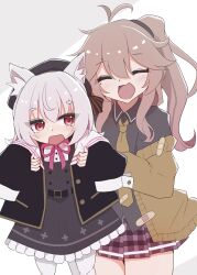  2girls :d absurdres animal_ears antenna_hair bandaid bi_(bi_trip_machine) black_dress black_jacket black_shirt blush brown_cardigan brown_hair brown_necktie cardigan cat_ears cat_girl closed_eyes collared_shirt commentary_request cowboy_shot dress highres jacket kasukabe_tsumugi lifting_person long_hair long_sleeves miniskirt mole mole_under_eye multiple_girls neck_ribbon necktie one_side_up open_cardigan open_clothes open_mouth pink_ribbon plaid_clothes plaid_skirt purple_skirt red_eyes ribbon sayo_(voicevox) shirt simple_background skirt smile voicevox white_background 