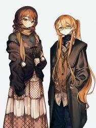 1boy 1girl :| androgynous baggy_pants barbell_piercing blonde_hair blue_pants bow_camisole breasts brown_cardigan brown_coat brown_hair brown_scarf buttons camisole camisole_over_clothes cardigan cardigan_partially_removed closed_mouth coat commentary_request cowboy_shot degrees_of_lewdity dot_nose double-parted_bangs ear_piercing earrings frilled_camisole frills green_eyes hahqnbxhevcyrsj hair_between_eyes hand_in_pocket heart heart_necklace highres industrial_piercing jewelry large_breasts layered_clothes long_hair long_sidelocks long_skirt looking_at_viewer medium_hair necklace nose_pads oc_x_canon open_clothes open_coat open_collar orange_cardigan original pants parted_lips piercing pink_skirt player_character_(degrees_of_lewdity) player_character_(female)_(degrees_of_lewdity) polka_dot polka_dot_skirt pom_pom_scarf ponytail red_ribbon ribbon ringlets scarf semi-rimless_eyewear shirt sidelocks simple_background skirt sleeves_past_wrists smile striped_clothes striped_shirt stud_earrings sweater sydney_(degrees_of_lewdity) sydney_(male)_(degrees_of_lewdity) tiered_skirt turtleneck turtleneck_sweater under-rim_eyewear untucked_shirt very_long_hair very_long_sidelocks yellow-framed_eyewear yellow_eyes 
