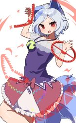  1girl animal_ears bear_trap blue_hair breasts commentary_request dog_ears dog_girl dog_tail fang frilled_skirt frills grey_hair highres jewelry kasuokasuto looking_at_viewer mitsugashira_enoko multicolored_hair multiple_tails necklace open_mouth pendant pink_skirt purple_shirt red_eyes shirt simple_background skirt small_breasts smile solo tail touhou two-tone_hair white_background 