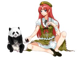 1girl beret black_bow black_ribbon black_shoes blue_eyes bow braid collared_shirt commentary_request food green_hat green_skirt green_vest hair_bow hat hat_ornament holding holding_food hong_meiling kuya_(hey36253625) long_hair neck_ribbon onigiri panda puffy_short_sleeves puffy_sleeves red_hair ribbon shirt shoes short_sleeves shorts shorts_under_skirt sitting skirt solo star_(symbol) star_hat_ornament touhou twin_braids vest white_shirt white_shorts 