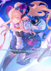  1girl absurdres arknights arknights:_endfield blonde_hair blue_gloves blue_ribbon chinese_commentary commentary_request dooduck dress earrings eyelashes frilled_dress frills gloves hair_ribbon heart heart_earrings high_ponytail highres holding horns jewelry liino_(arknights) long_sidelocks long_sleeves looking_at_viewer pointy_ears ponytail ribbon sidelocks skirt smile solo standing standing_on_one_leg star-shaped_pupils star_(symbol) symbol-shaped_pupils v violet_eyes 