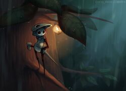  1boy arito_meew arthropod_boy black_eyes bug commentary drink firefly full_body grey_cloak highres holding holding_drink hollow_eyes hollow_knight leaf mask mask_on_head nail_(hollow_knight) nature outdoors quirrel rain solo standing tree twitter_username untranslatable_commentary water_drop white_mask 