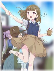  3girls absurdres anyoji_hime bag black_shoes blue_sweater_vest blurry blurry_background braid brown_skirt casual commentary_request dating food green_eyes grey_hair happy highres holding holding_food ice_cream kachimachi_kosuzu kanazawa_(city) love_live! love_live!_hasu_no_sora_jogakuin_school_idol_club momose_ginko multiple_girls myrain56991013 outdoors shoes short_sleeves shoulder_bag side_braid skirt socks sundae sweater_vest violet_eyes white_socks 