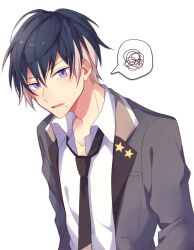  1boy a3! black_hair black_necktie blazer colored_tips commentary_request grey_jacket hair_between_eyes highres jacket lapels male_focus mole mole_under_mouth multicolored_hair nagimiya necktie open_clothes open_jacket open_mouth partial_commentary partially_unbuttoned purple_hair shirt simple_background solo spoken_squiggle squiggle star_(symbol) star_print upper_body usui_masumi white_background white_shirt wing_collar 