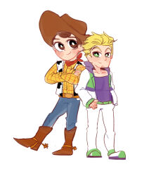  2b_(nier:automata) animal_print blonde_hair brown_hair buzz_lightyear cow_print cowboy cowboy_hat full_body hat long_sleeves male_focus nhbzzdy sheriff_woody shirt short_hair simple_background smile toy_story vest white_background 