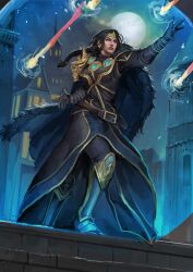  1girl absurdres armored_boots belt blue_eyes boots building cape casting_spell character_request circlet commentary commission danpurnm energy_barrier fighting full_moon fur_cape gold_circlet highres magic moon night parted_lips ponytail robe solo stepping_on_object untranslatable_commentary warcraft world_of_warcraft 