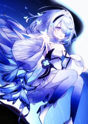  1girl bare_shoulders blue_background blue_butterfly blue_hair blue_pantyhose bug butterfly chunithm commentary detached_sleeves dress full_body gradient_pantyhose hair_ornament hair_over_one_eye highres irene_curious long_hair long_sleeves looking_at_viewer multicolored_hair multiple_girls open_mouth pantyhose sign smile solo strapless strapless_dress streaked_hair twitter_username very_long_hair violet_eyes weros_23 white_dress white_hair white_pantyhose white_sleeves wide_sleeves 