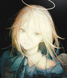  1boy angel_devil_(chainsaw_man) angel_wings artist_name black_background black_jacket chainsaw_man champi closed_mouth dress_shirt eyelashes hair_between_eyes halo highres jacket long_hair looking_at_viewer male_focus necktie shirt simple_background solo wings 