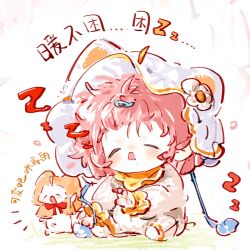  1girl ^_^ aged_down ahoge animal animal_ear_headwear animal_ears baby bangs_pinned_back bib blush_stickers bow bowtie cat cat_ears chinese_commentary chinese_text cloak closed_eyes clothed_animal commentary_request drooling ear_covers fake_ahoge fake_animal_ears flower frilled_jumpsuit hair_ornament hairclip happy hat hat_flower highres hood hood_up hooded_cloak jumpsuit light_blush long_sleeves medium_hair messy_hair momo_(nikki) nikki_(nikki) nikki_(series) notice_lines on_ground onesie open_mouth pink_hair pom_pom_(clothes) puffy_long_sleeves puffy_sleeves red_bow red_bowtie sitting sleepy smile socks translation_request white_cat white_flower white_hat white_jumpsuit white_socks yellow_cloak yiliwa zoom_layer zzz 