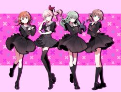  1other 3girls akiyama_mizuki ankle_strap april_fools asymmetrical_bangs asymmetrical_sidelocks black_dress black_jacket black_neckerchief black_shoes black_socks black_thighhighs blue_eyes blue_scrunchie blunt_bangs braid braided_bangs brown_hair buttons closed_mouth commentary_request cropped_jacket dress drill_hair drill_ponytail drill_sidelocks expressionless frilled_dress frills full_body green_hair green_neckerchief grey_eyes grey_sailor_collar hair_flaps hair_ornament hair_ribbon hair_scrunchie hanasato_minori heart high_side_ponytail iwato1712 jacket kneehighs kusanagi_nene loafers long_hair long_legs long_sidelocks long_sleeves looking_at_viewer low_side_ponytail mary_janes medium_hair mochizuki_honami multiple_girls neckerchief official_alternate_costume official_art open_clothes open_jacket orange_ribbon own_hands_together parted_lips pink_background pink_eyes pink_hair pink_neckerchief project_sekai puffy_long_sleeves puffy_sleeves red_ribbon ribbon sailor_collar scrunchie shoes short_sleeves side_ponytail sidelocks single_sidelock socks spade_(shape) standing standing_on_one_leg swept_bangs thigh-highs tiptoes two-tone_neckerchief two-tone_ribbon venom_(vocaloid) violet_eyes white_ribbon zettai_ryouiki 