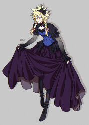  1boy absurdres black_boots black_bow black_dress black_hairband black_pantyhose blonde_hair blue_corset boots bow braid closed_eyes closed_mouth cloud_strife cloud_strife_(blue_dress) commentary_request corset crossdressing crossdressing_(mtf) curtsey dress final_fantasy final_fantasy_vii final_fantasy_vii_remake full_body grey_background hair_between_eyes hair_bow hairband highres korean_commentary long_dress long_hair male_focus mandheesha official_alternate_costume official_alternate_hairstyle pantyhose pink_bow solo spiky_hair twin_braids 
