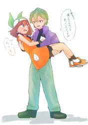  1boy 1girl :d :o bandana black_gloves black_shirt black_shorts blue_eyes blush brown_hair carrying commentary_request dress drew_(pokemon) full_body gloves green_bandana green_eyes green_hair hair_between_eyes highres jacket looking_at_another may_(pokemon) multicolored_gloves open_clothes open_jacket orange_dress pants pokemon pokemon_(anime) pokemon_the_series:_ruby_and_sapphire princess_carry purple_jacket shirt short_hair shorts sion_(sion10071007) sleeveless sleeveless_dress smile speech_bubble standing translation_request turtleneck turtleneck_shirt two-tone_gloves white_background white_gloves 