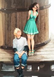  1boy 1girl aged_down aqua_dress arms_behind_back bare_legs bare_shoulders black_hair blue_eyes blue_shorts blush boots brown_hair cloud_strife dress english_commentary final_fantasy final_fantasy_vii final_fantasy_vii_remake full_body hair_between_eyes hetero highres legs long_hair looking_at_another low_ponytail parted_lips ponytail red_eyes sandals shirt shorts sitting spykeee standing sundress t-shirt tifa_lockhart twitter_username water_tank water_tower white_shirt 