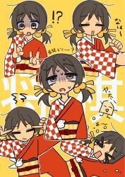  !? >_< =_= \n/ brown_hair checkered_clothes checkered_kimono clenched_hands closed_eyes closed_mouth commentary_request cropped_torso finger_to_head hair_bobbles hair_ornament highres japanese_clothes kaai_yuki kimono makura_(umd59465000) outline red_kimono shaded_face shogi_ichiban!_(vocaloid) short_twintails sleeves_past_wrists sweat tears text_background twintails vocaloid white_outline wide_sleeves yellow_background yellow_eyes 