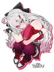  1girl absurdres bare_shoulders blush clothing_cutout earrings fingerless_gloves fishnet_pantyhose fishnets full_body gloves grey_eyes heterochromia highres ishigami_nozomi ishigami_nozomi_(1st_costume) jewelry long_hair looking_at_viewer lozi midriff multicolored_hair nijisanji nose_blush off-shoulder_shirt off_shoulder pantyhose parted_lips red_eyes red_hair shirt shoulder_cutout simple_background single_fingerless_glove sitting solo streaked_hair v virtual_youtuber white_background white_hair 