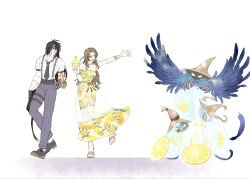  1boy 1girl 3others aerith_gainsborough aerith_gainsborough_(citric_dress) black_gloves black_hair black_mage_(final_fantasy) black_shoes black_waltz_no._3 blonde_hair bracelet breasts brown_hair choker clawed_gauntlets closed_mouth collared_shirt commentary_request dress dress_shirt falling_feathers feathered_wings feathers final_fantasy final_fantasy_ix final_fantasy_vii final_fantasy_vii:_ever_crisis flaming_hand food food_print fruit_print full_body gloves green_eyes green_ribbon grey_headband grey_pants hair_between_eyes hair_ribbon hat headband highres holding holding_food holster jewelry long_hair medium_breasts msa_mne multiple_others necktie official_alternate_costume open_mouth orange_print outstretched_arm pants parted_bangs print_dress purple_necktie ribbon sandals see-through_clothes see-through_skirt shirt shoes side_slit sidelocks skirt sleeves_rolled_up smile suspenders thigh_holster vincent_valentine vincent_valentine_(formal_attire) wavy_hair white_background white_shirt wings witch_hat 