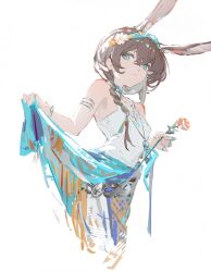  1girl absurdres alternate_costume amiya_(arknights) animal_ears arknights blue_eyes blue_hairband blue_skirt braid breasts brown_hair clothes_lift commentary_request extra_ears flower hair_flower hair_ornament hairband highres holding holding_flower jewelry lifting_own_clothes long_hair looking_at_viewer nbrush19 orange_flower pendant rabbit_ears rabbit_girl red_flower red_rose rose shirt simple_background skirt skirt_lift small_breasts solo tank_top upper_body white_background white_flower white_shirt 