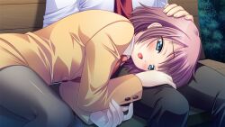  1boy 1girl black_pants blue_eyes blush buttons collared_shirt dress_shirt dutch_angle formal_clothes from_side game_asset grass grey_pantyhose half-closed_eyes hanamaki_masumi hand_on_another's_head hand_on_another's_thigh head_out_of_frame jacket knees_up lap_pillow lapels lying miniskirt nanami_ayane necktie night non-web_source nose_blush on_bench open_mouth orange_memories orange_skirt outdoors pants pantyhose pencil_skirt purple_hair red_necktie self-datamine shirt short_hair sitting skirt turning_head yellow_jacket 