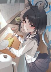  1girl absurdres animal_ears apron black_eyes black_hair black_ribbon black_sailor_collar black_skirt blue_apron blue_archive blue_halo cat_ears cat_girl chopsticks closed_mouth cowboy_shot from_above gradient_halo halo highres holding holding_chopsticks holding_plate indoors kikyou_(blue_archive) kitchen looking_at_viewer lunar_(pixiv53683306) multicolored_halo multiple_tails neck_ribbon plate pleated_skirt ribbon sailor_collar shirt short_hair skirt solo sunlight tail two_tails white_shirt 