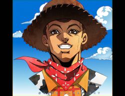  1boy animal_print animification araki_hirohiko_(style) brown_hair commentary cow_print cowboy cowboy_hat english_commentary ggs_cihuy hat highres jojo_no_kimyou_na_bouken long_sleeves male_focus sheriff_woody shirt short_hair sky smile toy_story vest 