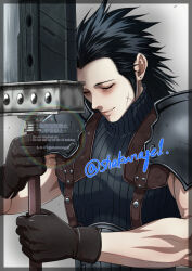  1boy armor belt black_gloves black_hair black_shirt border buster_sword closed_eyes closed_mouth crisis_core:_final_fantasy_vii cross_scar earrings final_fantasy final_fantasy_vii gloves grey_border hair_slicked_back holding holding_sword holding_weapon jewelry male_focus medium_hair pale_skin pauldrons ribbed_shirt scar scar_on_cheek scar_on_face shakunage1 shirt shoulder_armor sideburns sleeveless sleeveless_turtleneck smile solo stud_earrings suspenders sword turtleneck twitter_username upper_body weapon zack_fair 