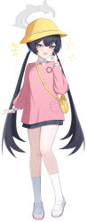  1girl :d absurdres black_hair black_skirt blue_archive commentary_request double-parted_bangs flower_pin full_body grey_eyes grey_halo hair_between_eyes hair_bobbles hair_ornament halo hand_up hat highres kindergarten_uniform kisaki_(blue_archive) kisaki_(kindergarten_uniform)_(blue_archive) knee_up kneehighs long_hair long_sleeves looking_at_viewer low_twintails mary_janes miniskirt official_alternate_costume open_mouth pink_shirt pleated_skirt plum_blossom_garden_uniform_(blue_archive) pocket shirt shoes simple_background skirt smile socks solo sparkle sparkling_eyes twintails very_long_hair white_background white_shoes white_socks wrightia yellow_hat 