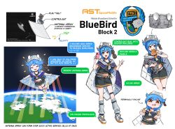  1girl 67_(meme) absurdres animal black_shirt black_skirt blue_hair cat cellphone cloak earth_(planet) english_text highres holding holding_animal holding_cat holding_phone loose_socks mecha_musume meme orange_eyes original persona phone planet reference_sheet sbarky38 shirt shoes skirt smartphone sneakers socks space speech_bubble 