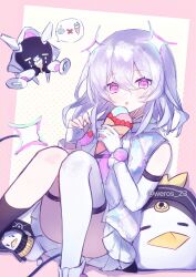  1girl artist_name asymmetrical_gloves asymmetrical_sleeves black_socks chuni_penguin chunithm commentary dress elbow_gloves fingerless_gloves food gloves hair_between_eyes highres holding holding_food holding_ice_cream ice_cream jacket looking_at_viewer necktie pink_necktie pleated_skirt short_hair signature single_sleeve sitting skirt sleeveless sleeveless_dress socks solo sparkle spoken_object thigh-highs tongue tongue_out twitter_username uni_(chunithm) untranslatable_commentary violet_eyes weros_23 white_gloves white_hair white_jacket white_skirt white_thighhighs 