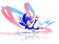  1boy animal_ears blue_fur brown_shoes furry furry_male gloves green_eyes grin hedgehog_boy highres jazzebee looking_at_viewer male_focus multicolored_shoes red_shoes reflection shoes smile solo sonic_(series) sonic_the_hedgehog tail two-tone_shoes v white_gloves 