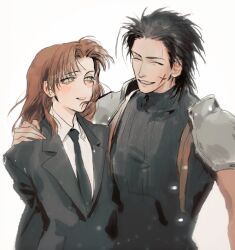  1boy 1girl arm_around_shoulder armor black_hair black_jacket black_necktie black_shirt black_suit blush brown_hair cissnei closed_eyes collared_shirt commentary_request crisis_core:_final_fantasy_vii cross_scar final_fantasy final_fantasy_vii hair_ornament hair_scrunchie hetero jacket lllyuda looking_at_another medium_hair necktie parted_bangs parted_lips pauldrons ribbed_shirt scar scar_on_cheek scar_on_face scrunchie shirt shoulder_armor sideburns sleeveless sleeveless_turtleneck suit suit_jacket suspenders turtleneck upper_body white_background white_shirt yellow_eyes zack_fair 
