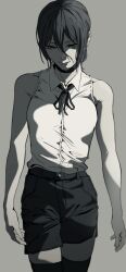  1girl absurdres black_choker black_ribbon black_shorts black_thighhighs chainsaw_man choker closed_mouth grenade_pin grey_background hair_between_eyes highres kaorunnrunn1904 neck_ribbon reze_(chainsaw_man) ribbon shirt short_hair shorts simple_background sleeveless sleeveless_shirt solo thigh-highs white_shirt 