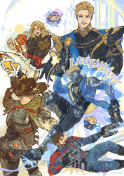  1boy absurdres beard black_suit blonde_hair blue_coat brown_hair brown_hat chinese_commentary coat commentary cowboy_hat english_text facial_hair guardians_of_the_galaxy gun hat highres holding holding_gun holding_weapon looking_at_object looking_at_viewer looking_to_the_side male_focus marvel marvel_rivals mask maygi_mie_ji multiple_views mustache official_alternate_costume one_eye_closed open_mouth pants peter_quill smile sparkle star-lord star-lord_(groovy_guardian) star-lord_(king_of_spartax) star-lord_(lion's_mane) star-lord_(starlit_outlaw) suit weapon white_pants 