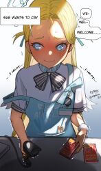  1girl @_@ absurdres apron artist_name barcode_scanner black_bow black_bowtie blonde_hair blue_apron blue_archive blue_collar blush bow bowtie collar collared_shirt commentary_request english_text forehead gradient_background highres holding holding_barcode_scanner holding_condom_box long_hair looking_to_the_side name_tag nyahpa20 pen scrunchie shirt short_sleeves signature smile solo sora_(blue_archive) striped_bow striped_bowtie striped_clothes sweat table trembling upper_body white_background white_scrunchie white_shirt 