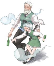  1boy 1girl :d beard black_bow black_bowtie black_necktie black_pants black_shoes blunt_bangs blush bottle bow bowtie closed_eyes closed_mouth commentary drunk english_commentary facial_hair green_skirt green_vest grey_hair hairband highres holding holding_bottle konpaku_youki konpaku_youki_(ghost) konpaku_youmu konpaku_youmu_(ghost) long_sleeves mbgb mustache necktie open_mouth pants shirt shoes short_hair skirt sleeves_rolled_up smile socks touhou twitter_username vest walking white_background white_hair white_shirt white_socks 