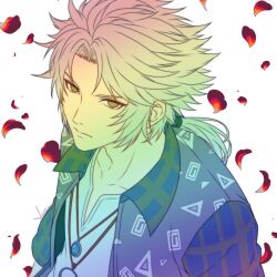  1boy brown_eyes closed_mouth commentary dissidia_duellum_final_fantasy dissidia_final_fantasy falling_petals final_fantasy final_fantasy_ii firion firion_(exotic_wanderer) from_above grey_hair hair_tie highres jacket jewelry long_hair looking_at_viewer lovelessxxx69 low_ponytail male_focus multiple_necklaces necklace official_alternate_costume parted_bangs petals ponytail print_jacket red_petals shirt solo untranslatable_commentary white_background white_shirt 
