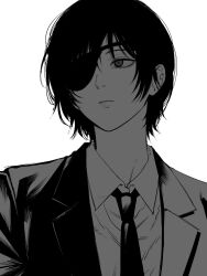  1girl chainsaw_man closed_mouth dress_shirt eyepatch greyscale highres himeno_(chainsaw_man) jacket looking_to_the_side mekill215280 monochrome necktie shirt short_hair simple_background solo suit_jacket white_background 