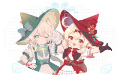  2girls 967shiro ;) ahoge artist_collaboration blush bow bowtie brown_gloves closed_mouth commentary_request cosplay cross-shaped_pupils gem genshin_impact gloves green_bow green_bowtie green_eyes green_hat green_skirt hand_on_own_hip hand_up hat hat_bow high-waist_skirt huca2dog klee_(blossoming_starlight)_(genshin_impact) klee_(genshin_impact) klee_(genshin_impact)_(cosplay) multiple_girls nahida_(genshin_impact) official_alternate_costume one_eye_closed outstretched_arms red_bow red_bowtie red_gem red_hat red_skirt shirt short_sleeves skirt smile symbol-shaped_pupils upper_body v v_over_eye vision_(genshin_impact) white_background white_gloves white_shirt witch_hat 