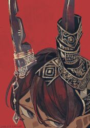  1boy 2024 artist_name bandaged_horn blue_eyes commentary_request dark-skinned_male dark_skin dated hair_between_eyes highres horn_ornament horns ice_god_(jimini_shijimi) jimini_shijimi looking_at_viewer original pointy_ears red_background short_eyebrows simple_background slit_pupils solo 