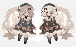  2girls acorn animal_ears beret black_bow black_bowtie book bow bowtie braid brown_dress brown_eyes brown_hair closed_mouth collared_dress commentary_request dress envelope frilled_socks frills glasses green_dress green_eyes grey_hair hair_bow hat heart highres juliet_sleeves lace-trimmed_sleeves lace_trim light_blush long_hair long_sleeves multiple_girls naiguozi open_book original patchwork_clothes plaid_clothes plaid_dress puffy_sleeves red_bow round_eyewear sheep sheep_ears sheep_girl short_hair socks sparkle twin_braids white_background white_bow white_hair wide_sleeves 